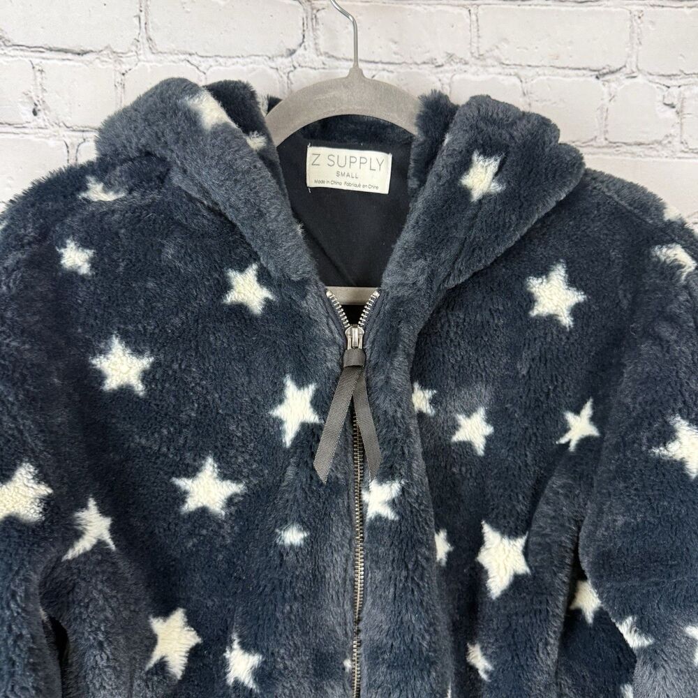 Z Supply London Star Bomber Jacket Faux Fur Hooded Zip Up Womens S Navy White - Picture 10 of 13